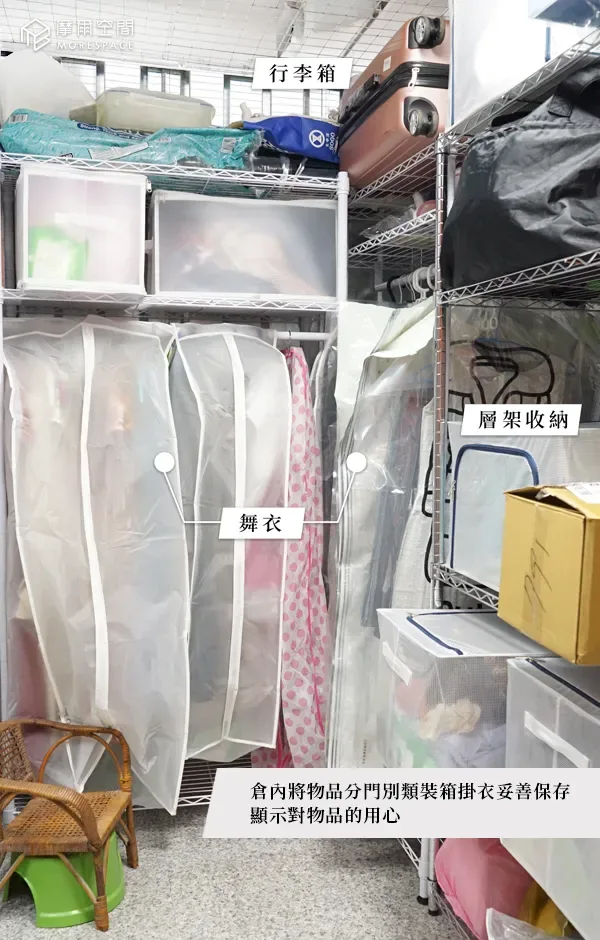 利用垂直堆疊存放技巧，在摩爾空間高挑的倉儲櫃位中妥善掛放禮服，大幅提升空間利用坪效
