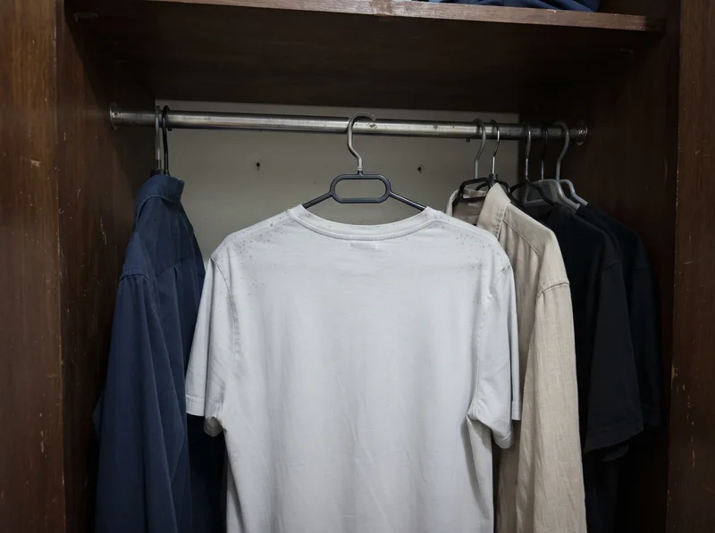 室內濕度太高，衣服放在衣櫃沒穿，領口和肩膀就冒出點點霉斑
