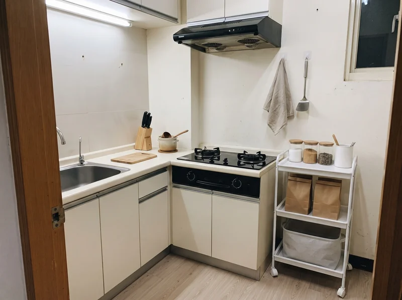 租屋族廚房收納：用無痕掛架與窄型推車，不用鑽牆