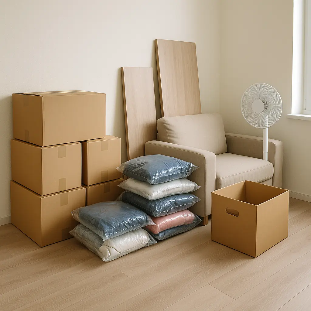 空房間內堆放搬家物品,包括疊放的紙箱、用透明塑膠袋封好的棉被,靠牆立著的木質板材,一張單人沙發,以及一台白色立扇,整體呈現搬家過渡期暫存的場景。