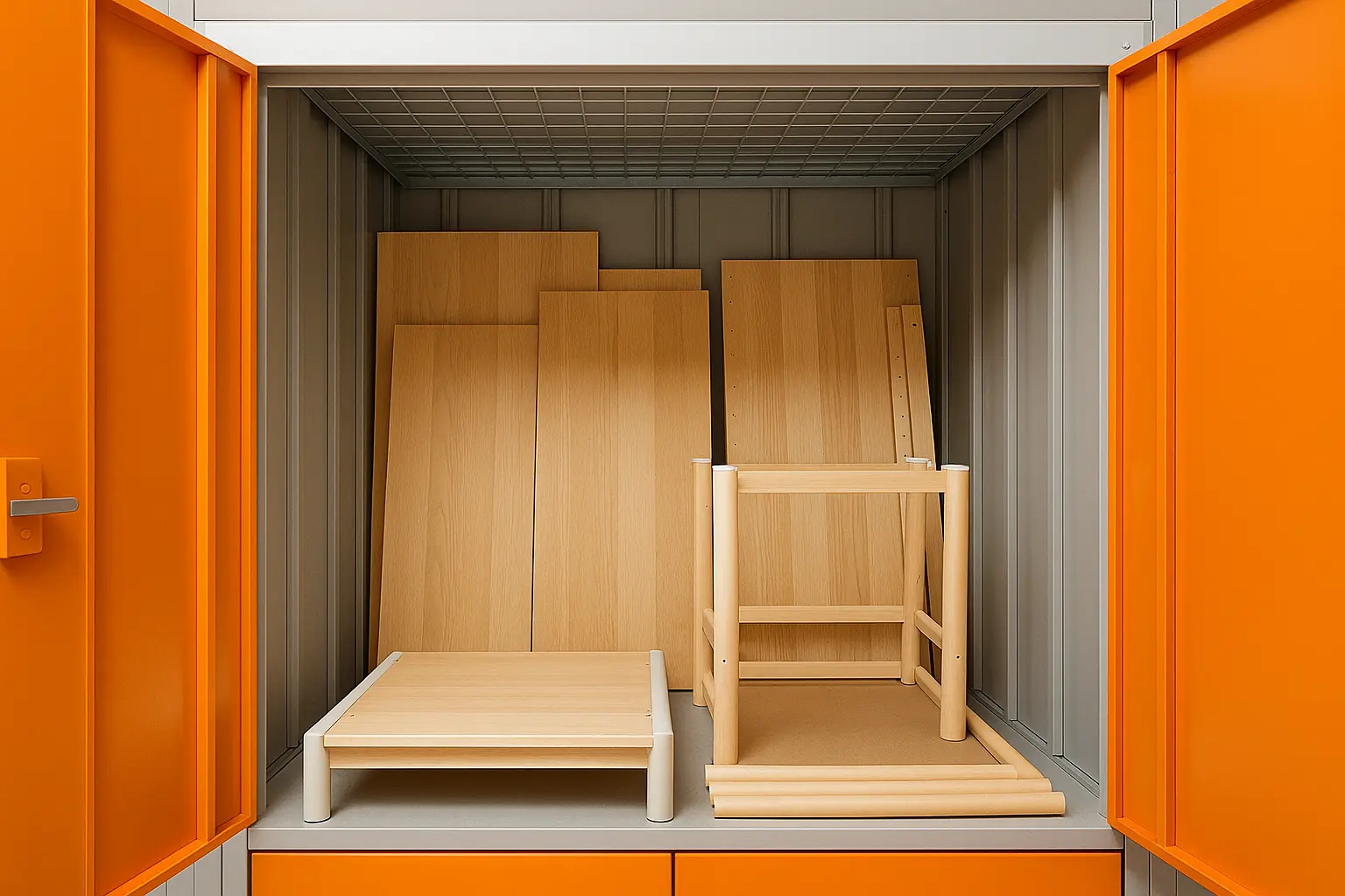 橘色鐵門倉庫內,存放拆解後的家具。多塊木質板材靠牆直立放置,前方有桌面板、椅子與桌腳,呈現家具零件分開收納的狀態。