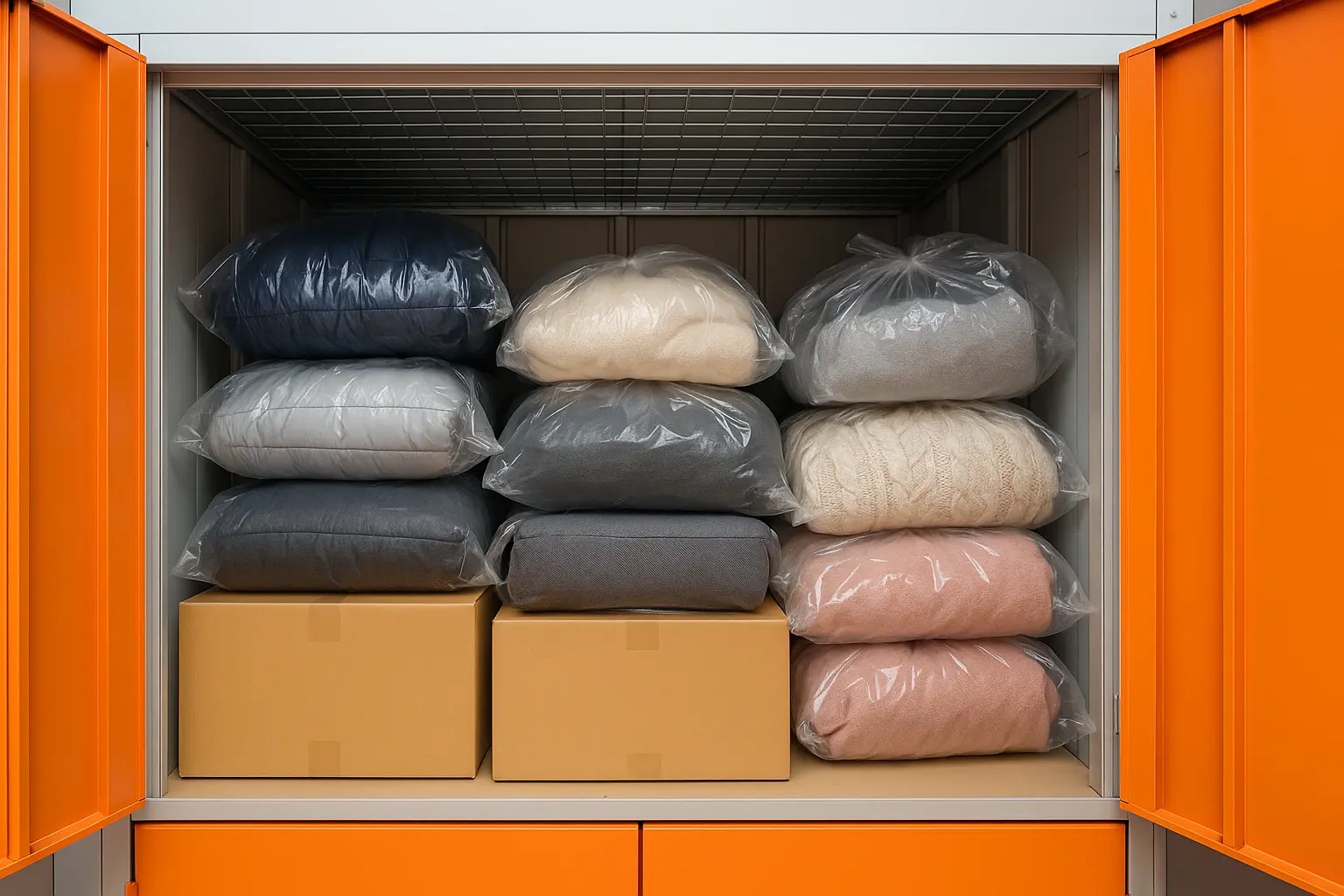 橘色鐵門倉庫內,堆放整齊的棉被與衣物,分別用透明塑膠袋封裝,上下堆疊,底部放有兩個紙箱,整體排列緊密。